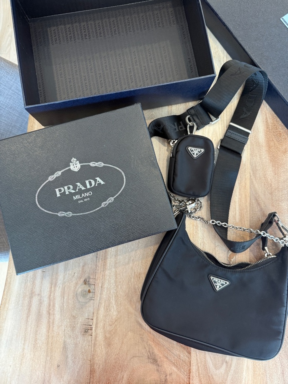 Neiman Marcus Black Shoulder Bag with Silver Chain. Box and bag included